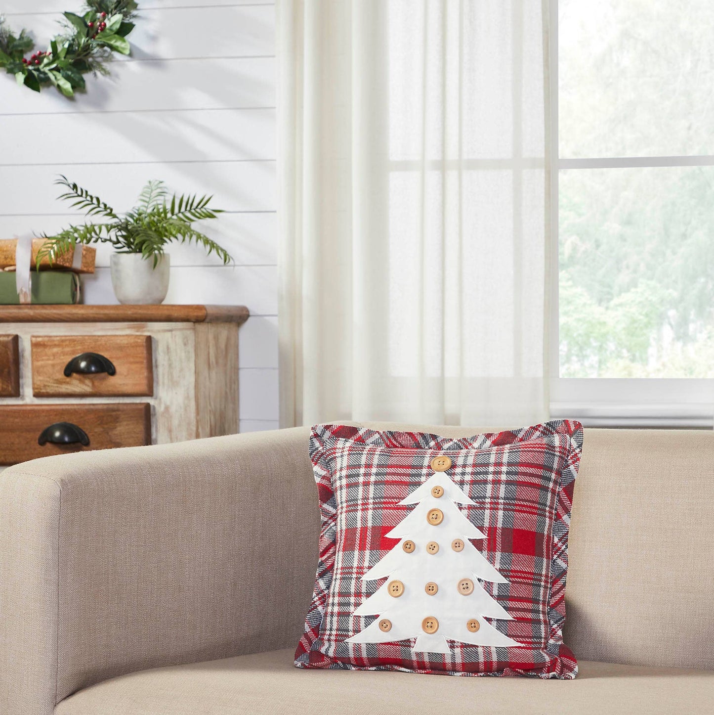 Gregor Plaid Button Tree Pillow 12x12