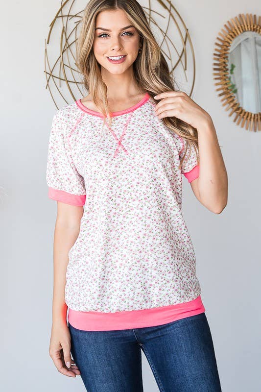 SHORT SLEEVE ROUND NECK FLORAL PRINT AND SOLID CON: IVORY (S-M-L)