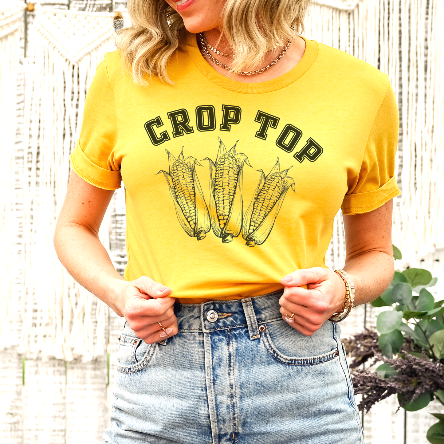 CROP TOP T-SHIRT: Heather Yellow Gold blk ink / Small