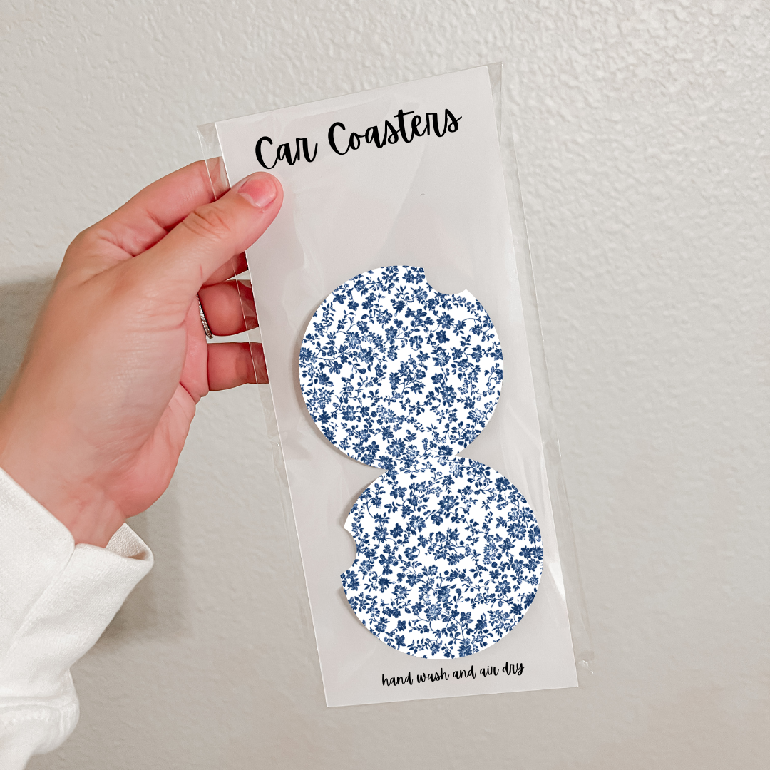 Set of 2 Neoprene Car Coasters | Blue Florals (20 Options)