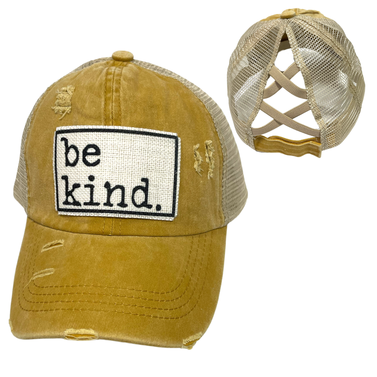 BE KIND CRISS-CROSS PONYTAIL HAT: Mustard with coffee colored mesh