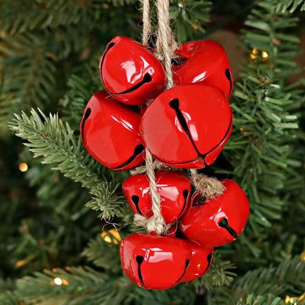 28075- 10inL Red Bells Cluster on jute string