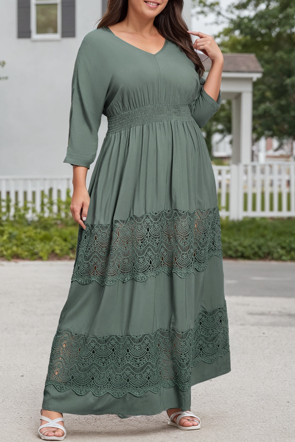 Plus Size 3/4 Sleeve V Neck Lace Maxi Dress: Green / Plus Size / 1X