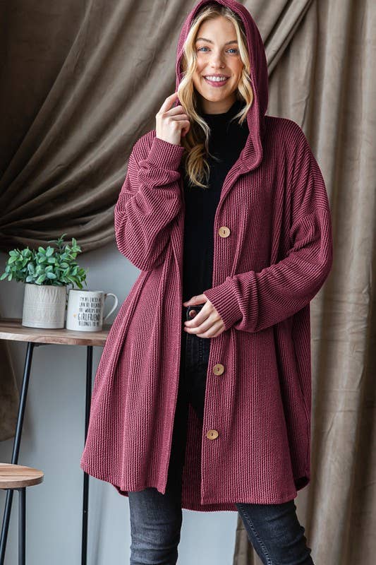 EJ6401-32 LONG SLEEVE HOOD SOLID URBAN RIBBED CARDIGAN: OATMEAL / 2-2-2 (1X-2X-3X)