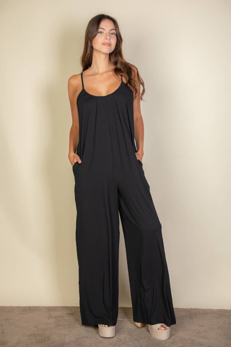 Spaghetti strap solid wide jumpsuit: Olive / L