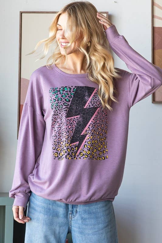 ET7431-14 LONG PUFF SLEEVE SOLID LIGHTNING PRINT TOP: LAVENDER  (S-M-L)