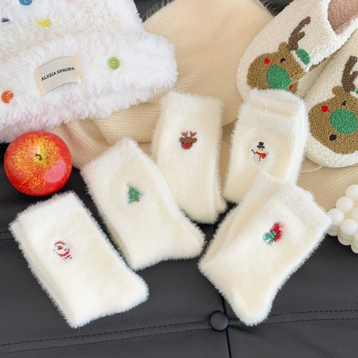 White Christmas Socks Women Fleece Warm Cozy_CWMS02813