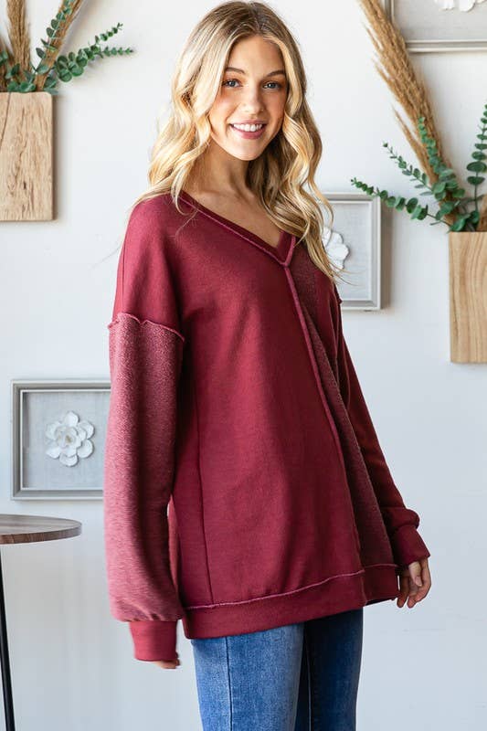 ET7663-11 LONG PUFF SLEEVE SOLID REVERSE CONTRAST TOP: MOCHA  (S-M-L)