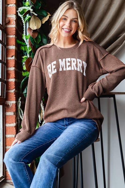 ET7694-10 LONG PUFF SLEEVE SOLID URBAN RIBBED CHRISTMAS TOP: CHARCOAL (S-M-L)