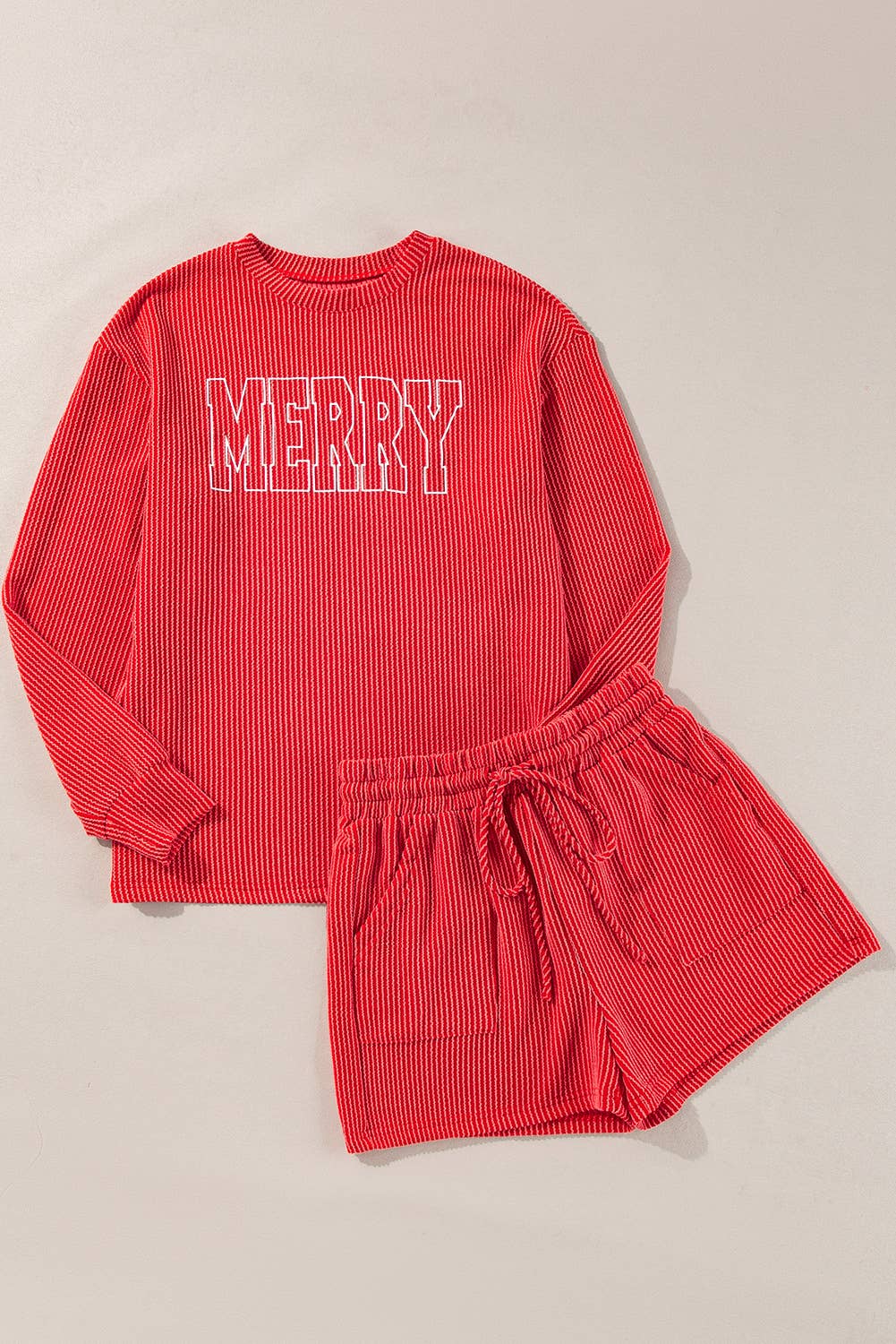 MERRY Ribbed Knit Long Sleeve Top and Shorts Set (S-4X): Red / Plus Size / 4X