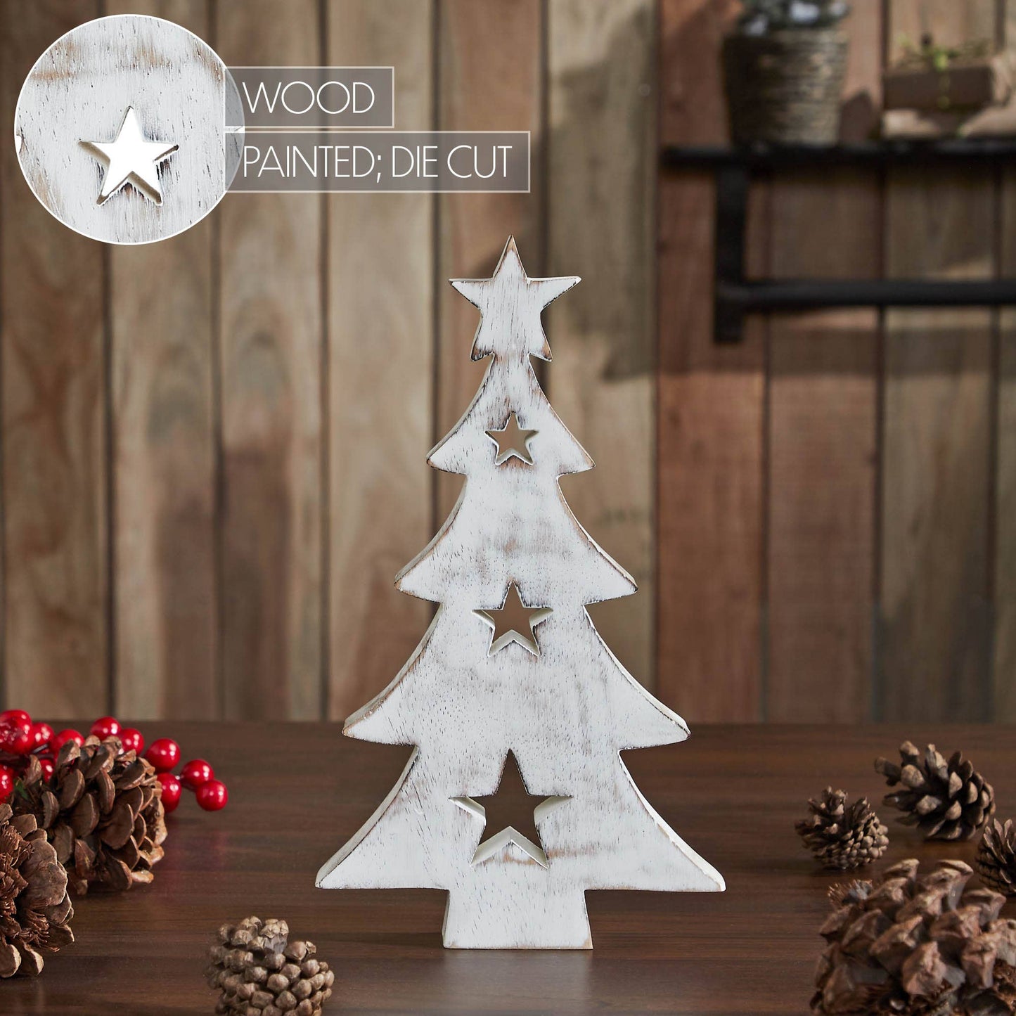 Christmas Tree w/ Stars White Wooden Figurine 8x4.5x1