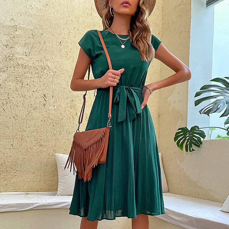 Pleated Dress in Solid Color for Summer Vacation: Dark Blue / S