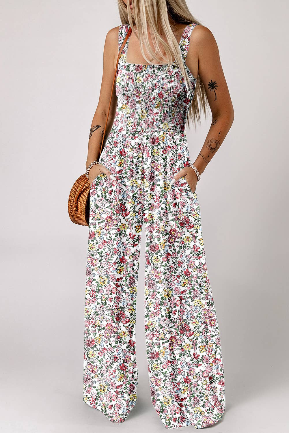 LDC Floral Print Smocked High Waist Square Neck Jumpsuit