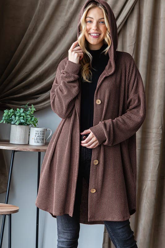 EJ6401-32 LONG SLEEVE HOOD SOLID URBAN RIBBED CARDIGAN: OATMEAL / 2-2-2 (1X-2X-3X)