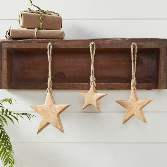 Wooden Star Natural Decorative Ornament Set of 3 Sizes