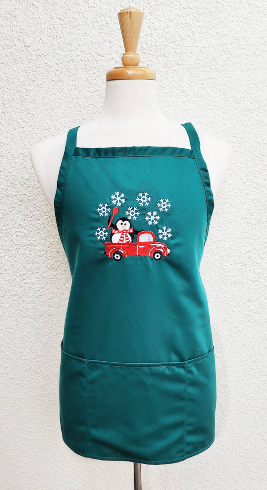 Embroidered Penguins on Trucks Cross-Back Apron