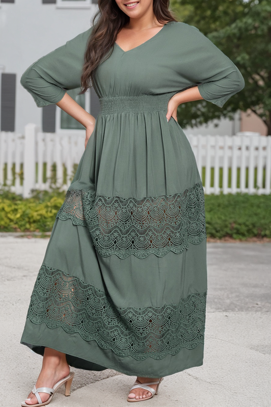 Plus Size 3/4 Sleeve V Neck Lace Maxi Dress: Green / Plus Size / 1X