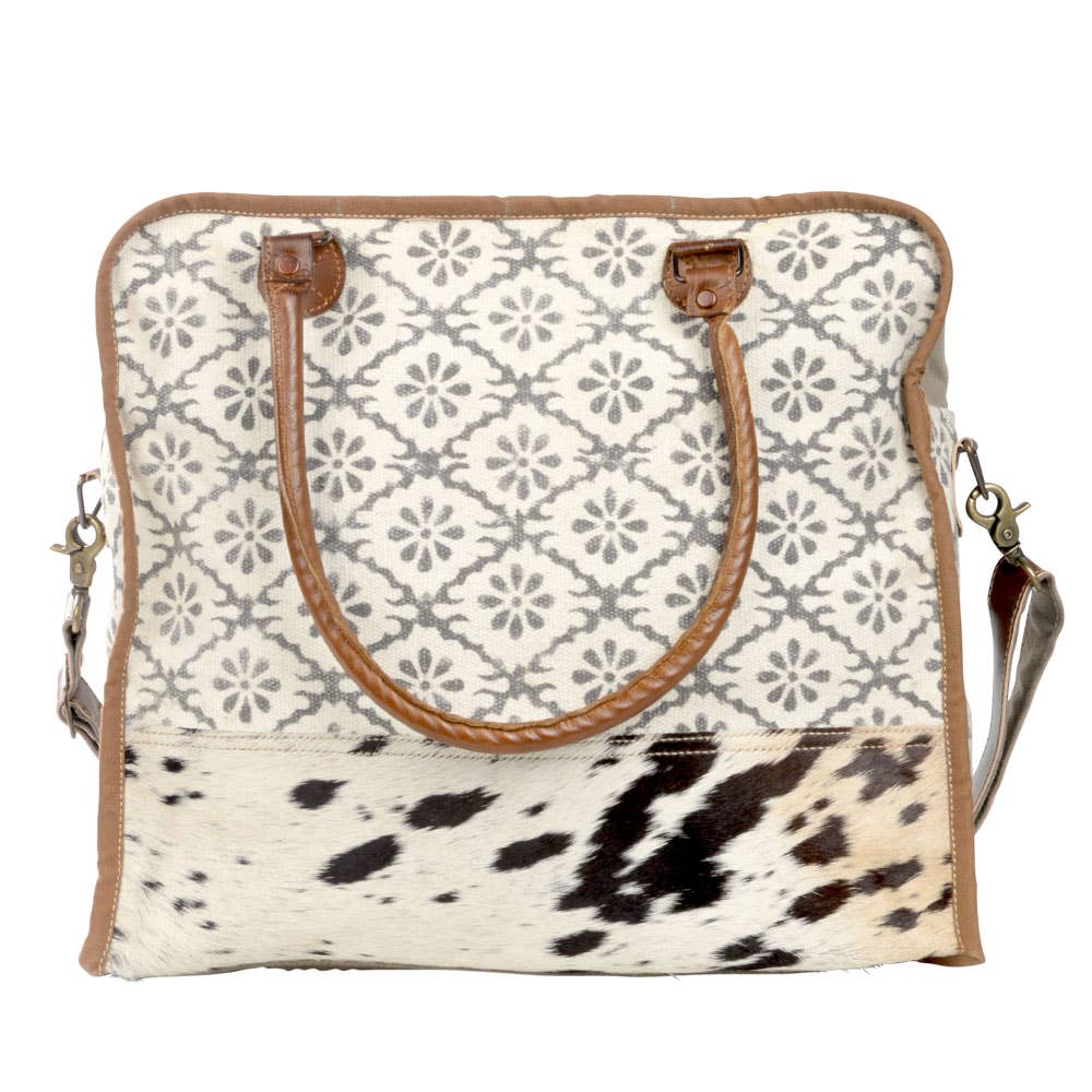 Mixed Fabrics With Cowhide Trim Tote Bag