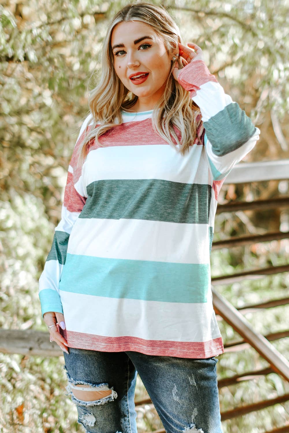 Green Plus Size Colorblock Pullover Top: Green / Plus Size