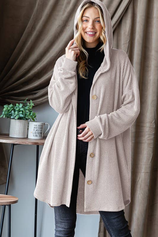 EJ6401-32 LONG SLEEVE HOOD SOLID URBAN RIBBED CARDIGAN: OATMEAL / 2-2-2 (1X-2X-3X)