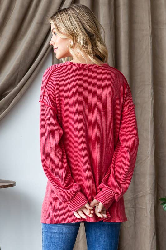 ET7694-10 LONG PUFF SLEEVE SOLID URBAN RIBBED CHRISTMAS TOP: HOT PINK (1X-2X-3X)