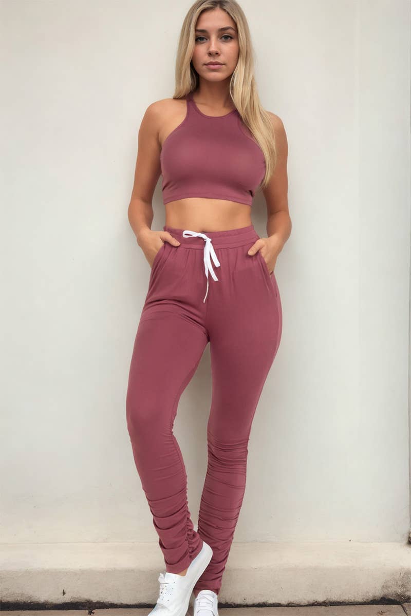 Crop Top & Ruched Pants Set: S / Taupe