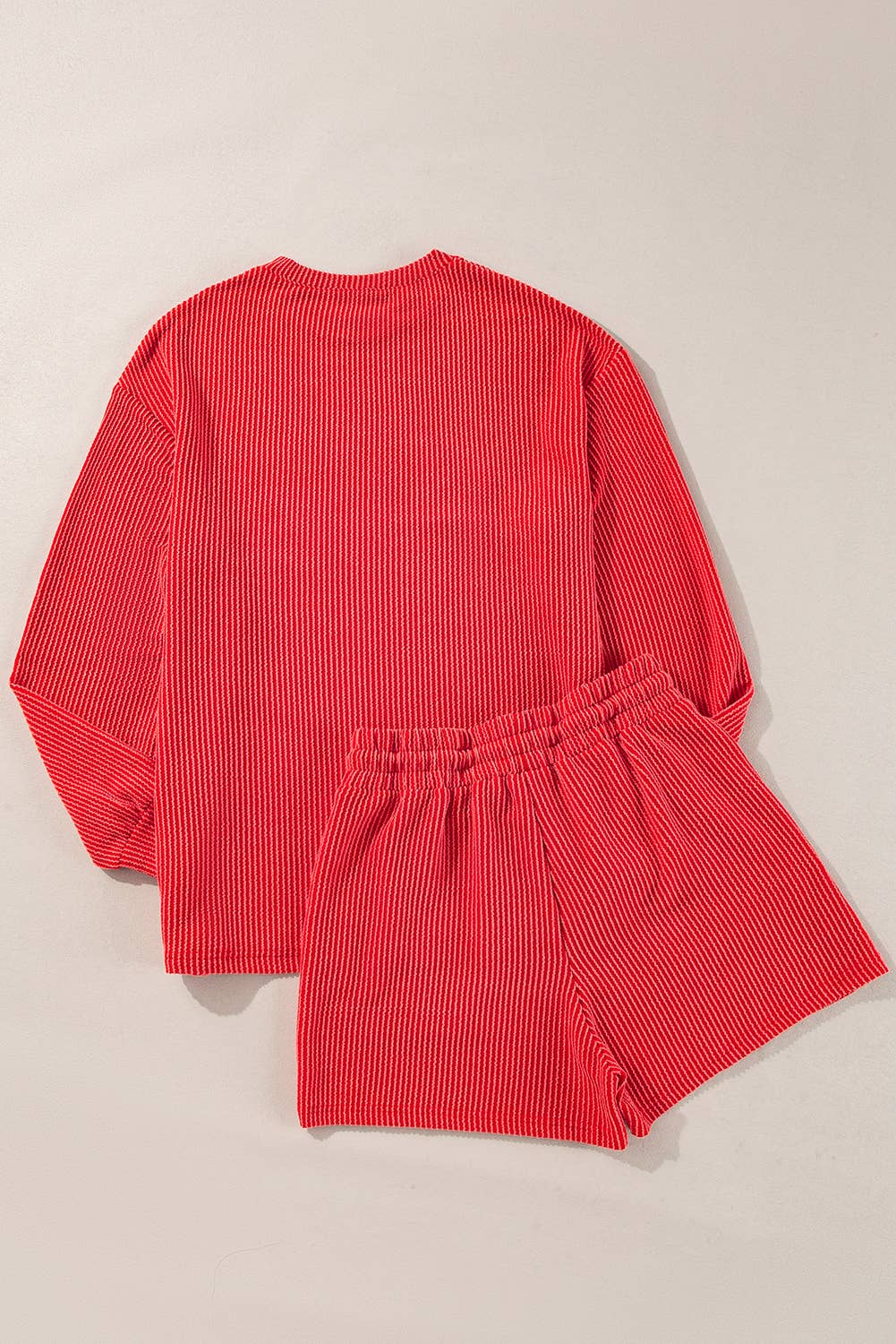 MERRY Ribbed Knit Long Sleeve Top and Shorts Set (S-4X): Red / Plus Size / 4X