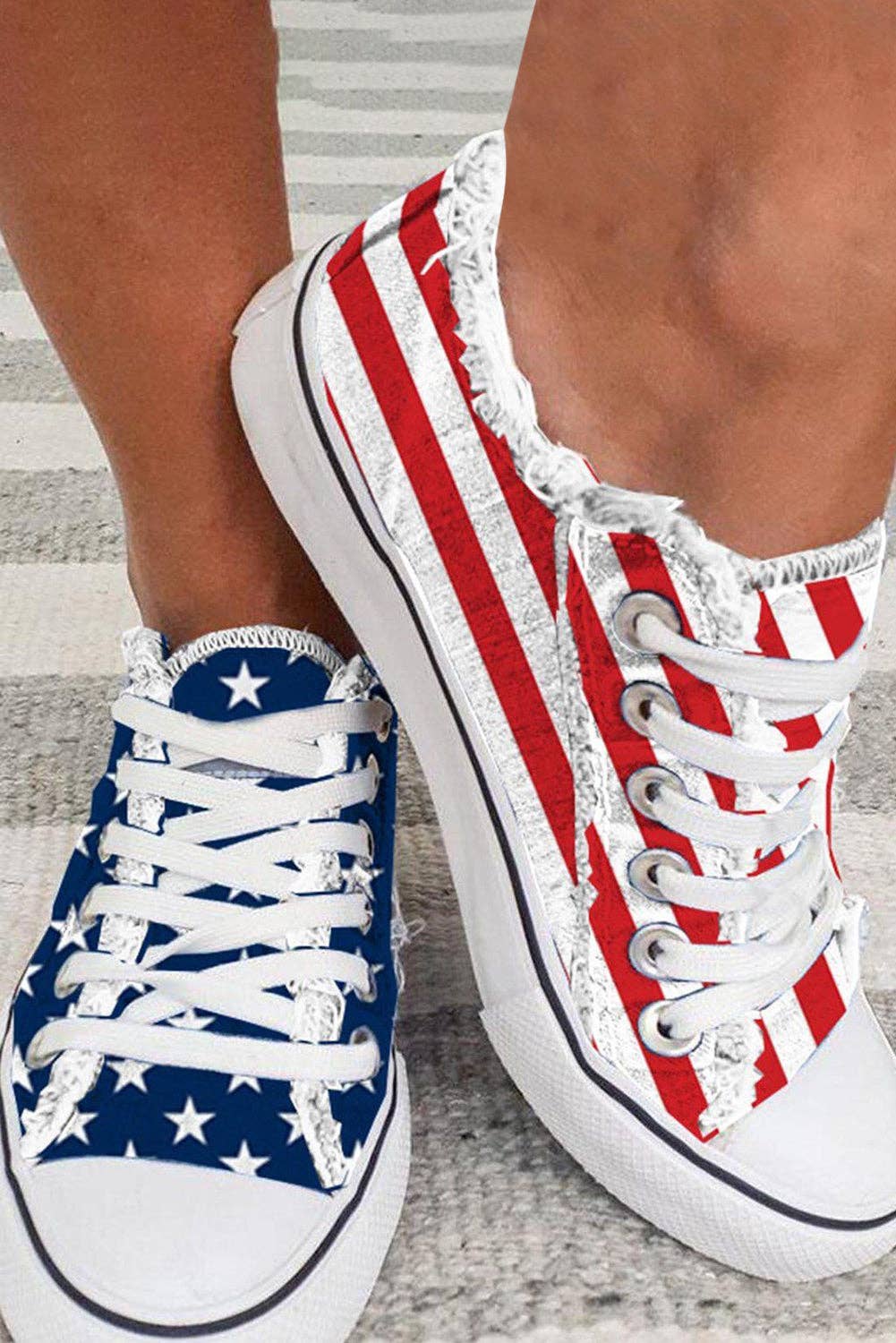 Blue American Flag Lace-up Canvas Flat Shoes: Blue / 8.5 / Pu Leather