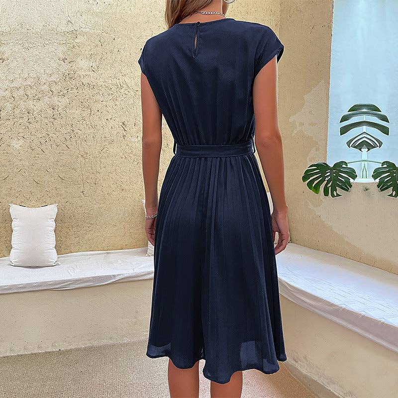 Pleated Dress in Solid Color for Summer Vacation: Dark Blue / XL