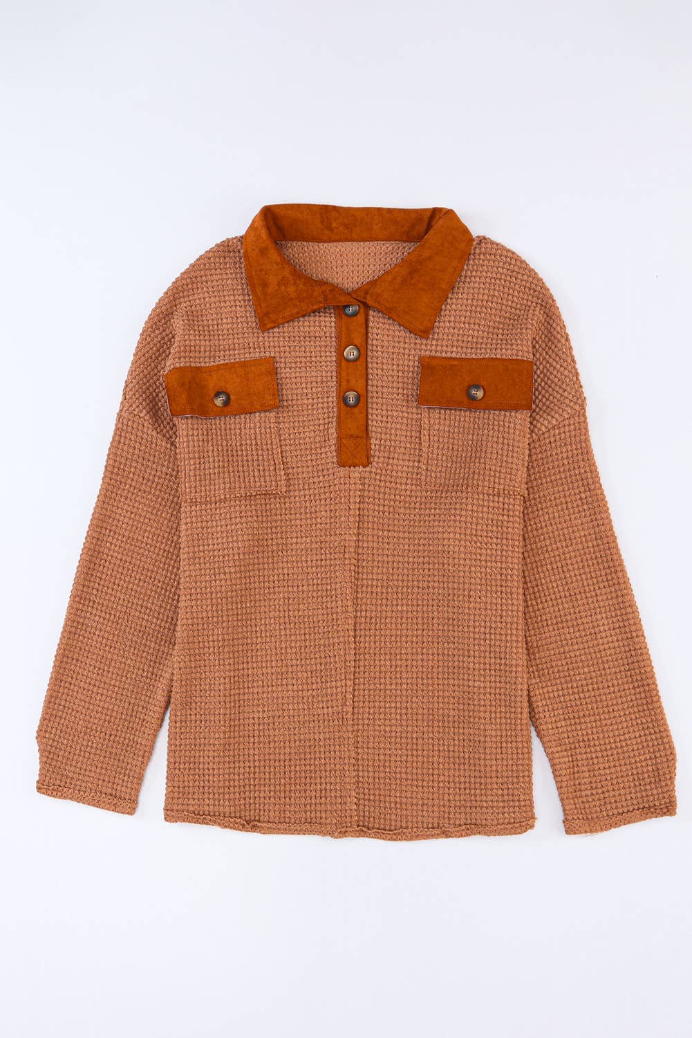 Waffle Knit Button Down Contrast Long Sleeve Top (S-3XL): Brown / Missy / S