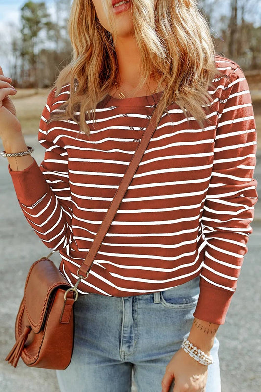 Casual Striped Print Ribbed Trim Long Sleeve Top: Fiery Red / 100%Polyester