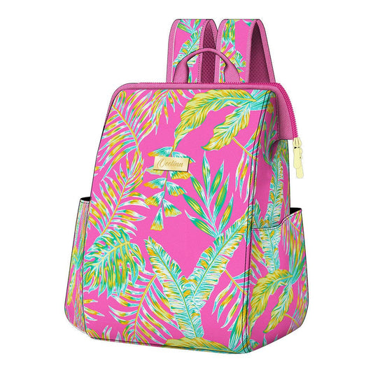 Pretty Backpack Cooler with green fern design in rose red