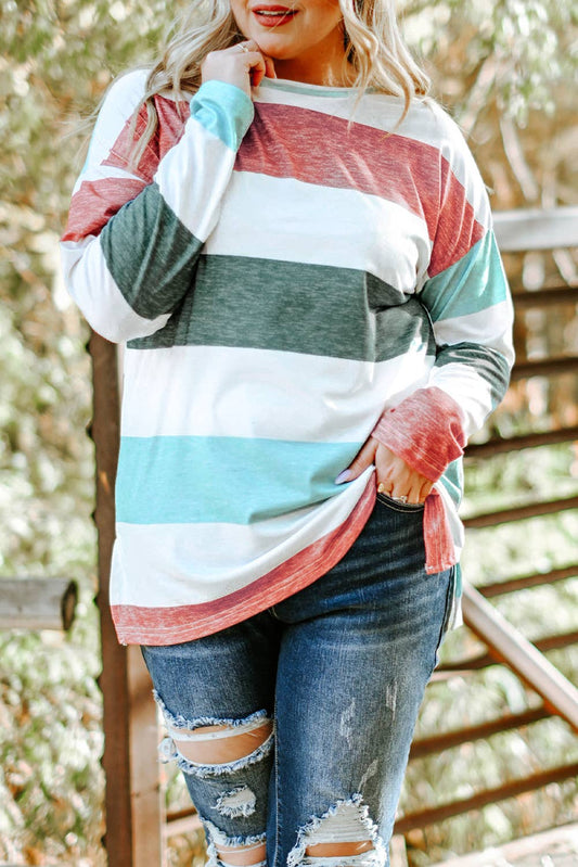 Green Plus Size Colorblock Pullover Top: Green / Plus Size