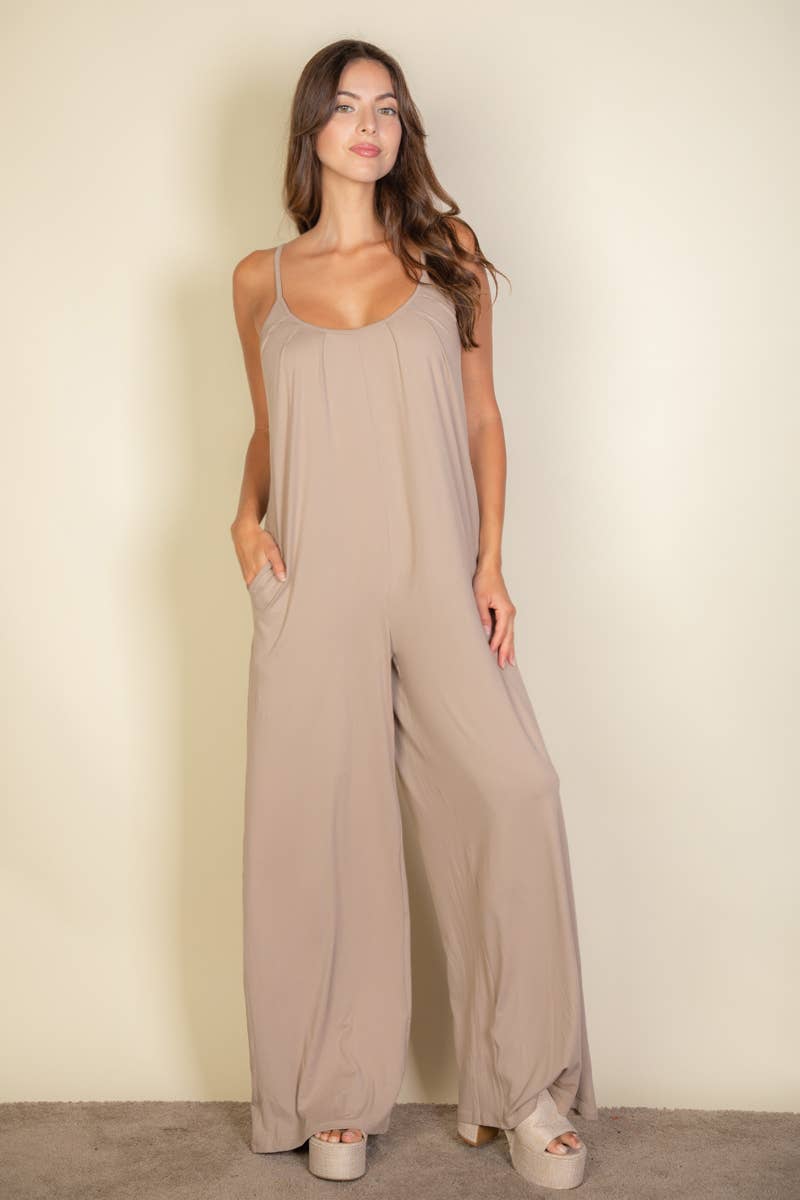 Spaghetti strap solid wide jumpsuit: Olive / L