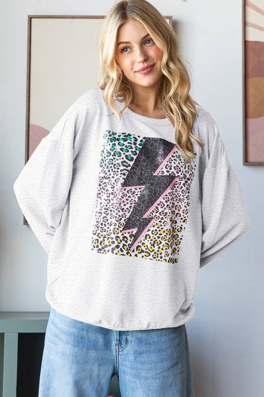 ET7431-14 LONG PUFF SLEEVE SOLID LIGHTNING PRINT TOP: LT H GREY (1X-2X-3X)