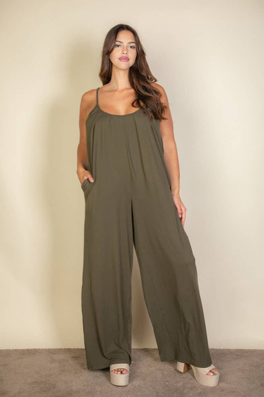 Plus Spaghetti strap solid wide jumpsuit: Olive / 3X