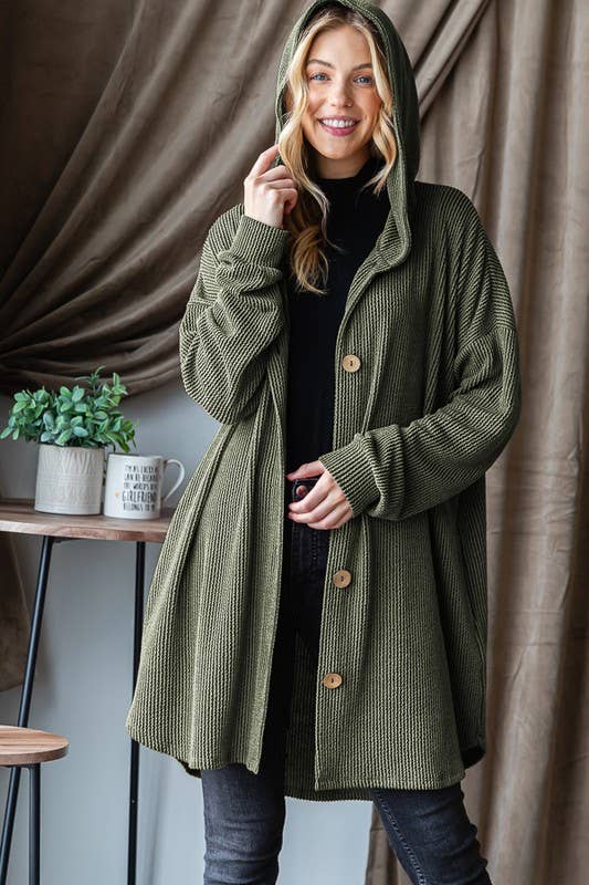 EJ6401-32 LONG SLEEVE HOOD SOLID URBAN RIBBED CARDIGAN: OLIVE / 2-2-2 (S-M-L)