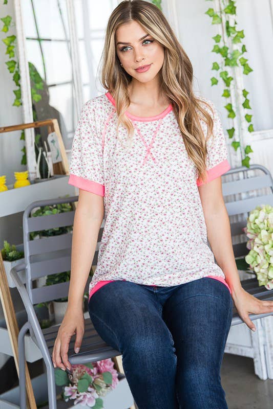 SHORT SLEEVE ROUND NECK FLORAL PRINT AND SOLID CON: IVORY (S-M-L)