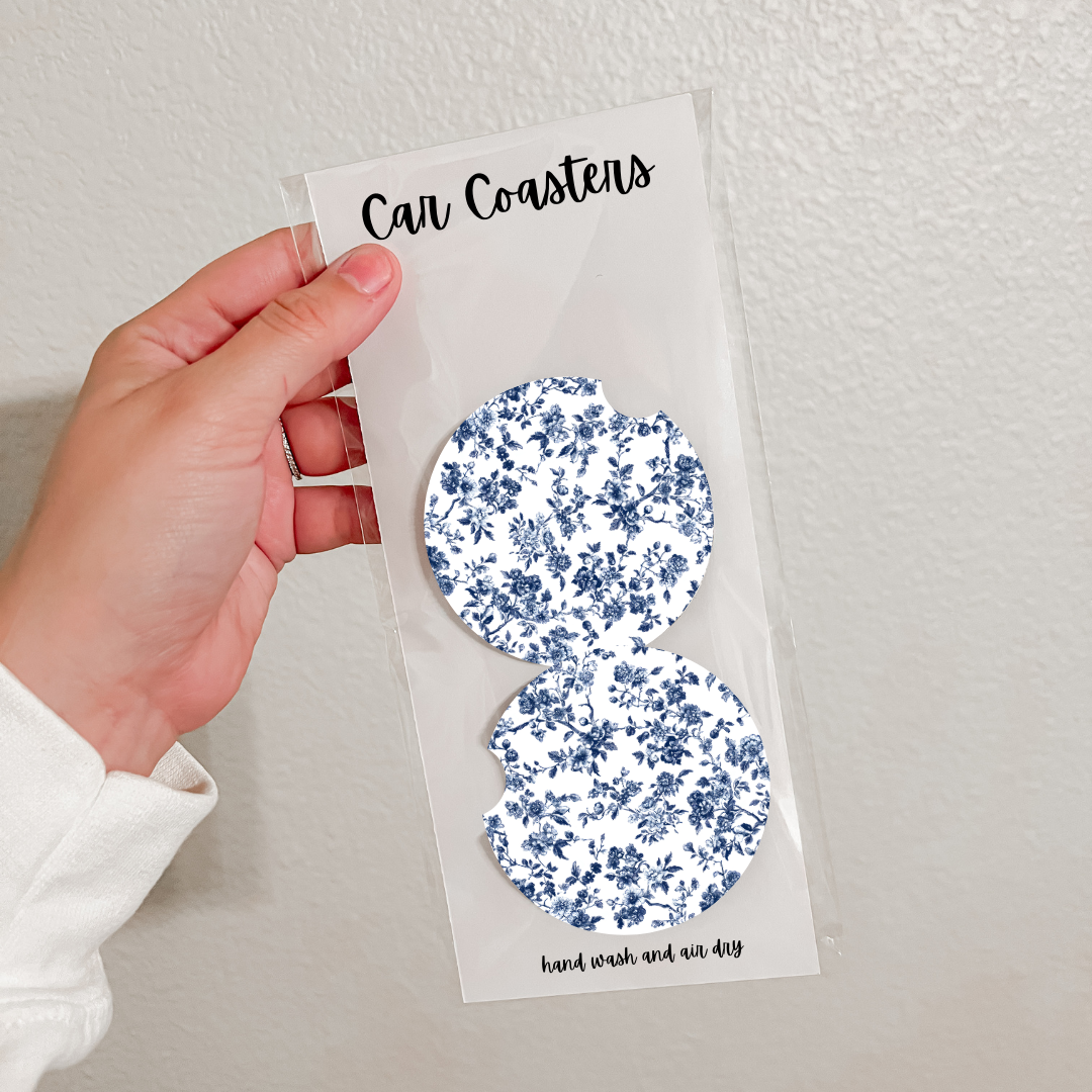 Set of 2 Neoprene Car Coasters | Blue Florals (20 Options)