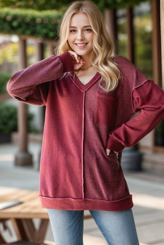 ET7663-11 LONG PUFF SLEEVE SOLID REVERSE CONTRAST TOP: RUBY (S-M-L)