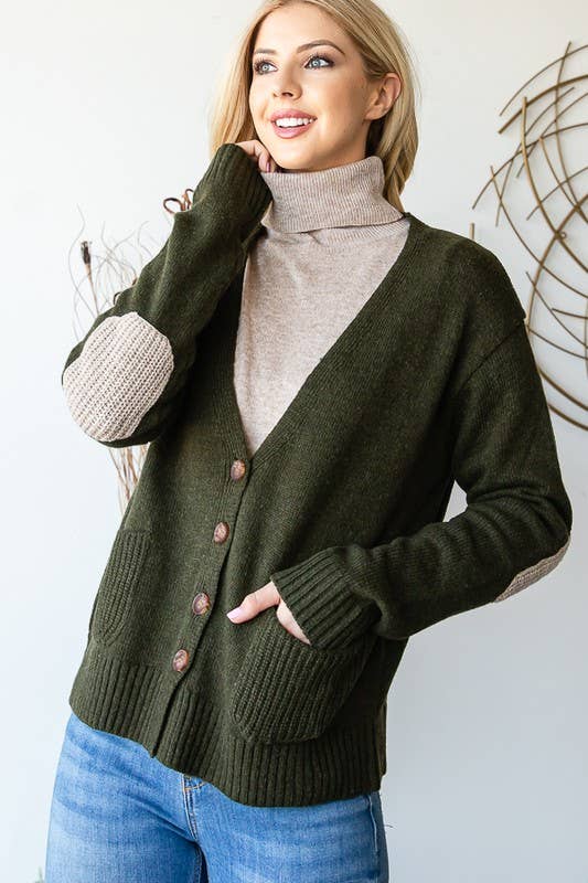 LVY326 LONG SLEEVE V NECK BUTTON DOWN CARDIGAN: OLIVE / 4-2 (1X/2X-2X/3X)