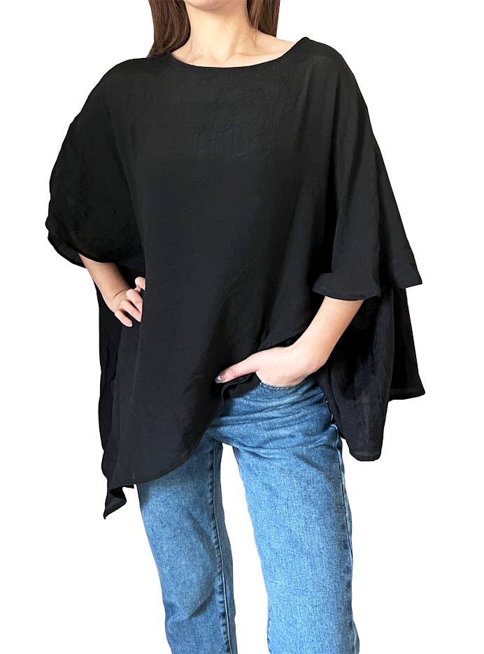 Asymmetrical Hem Boat Neck Loose Tunic: Black