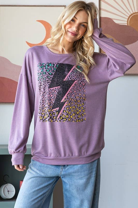 ET7431-14 LONG PUFF SLEEVE SOLID LIGHTNING PRINT TOP: LAVENDER  (S-M-L)