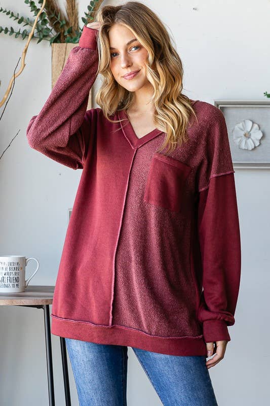 ET7663-11 LONG PUFF SLEEVE SOLID REVERSE CONTRAST TOP: RUBY (S-M-L)