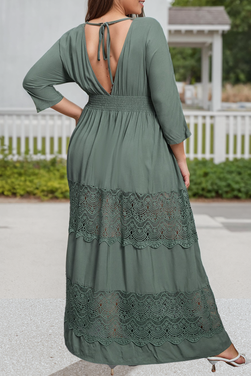 Plus Size 3/4 Sleeve V Neck Lace Maxi Dress: Green / Plus Size / 1X