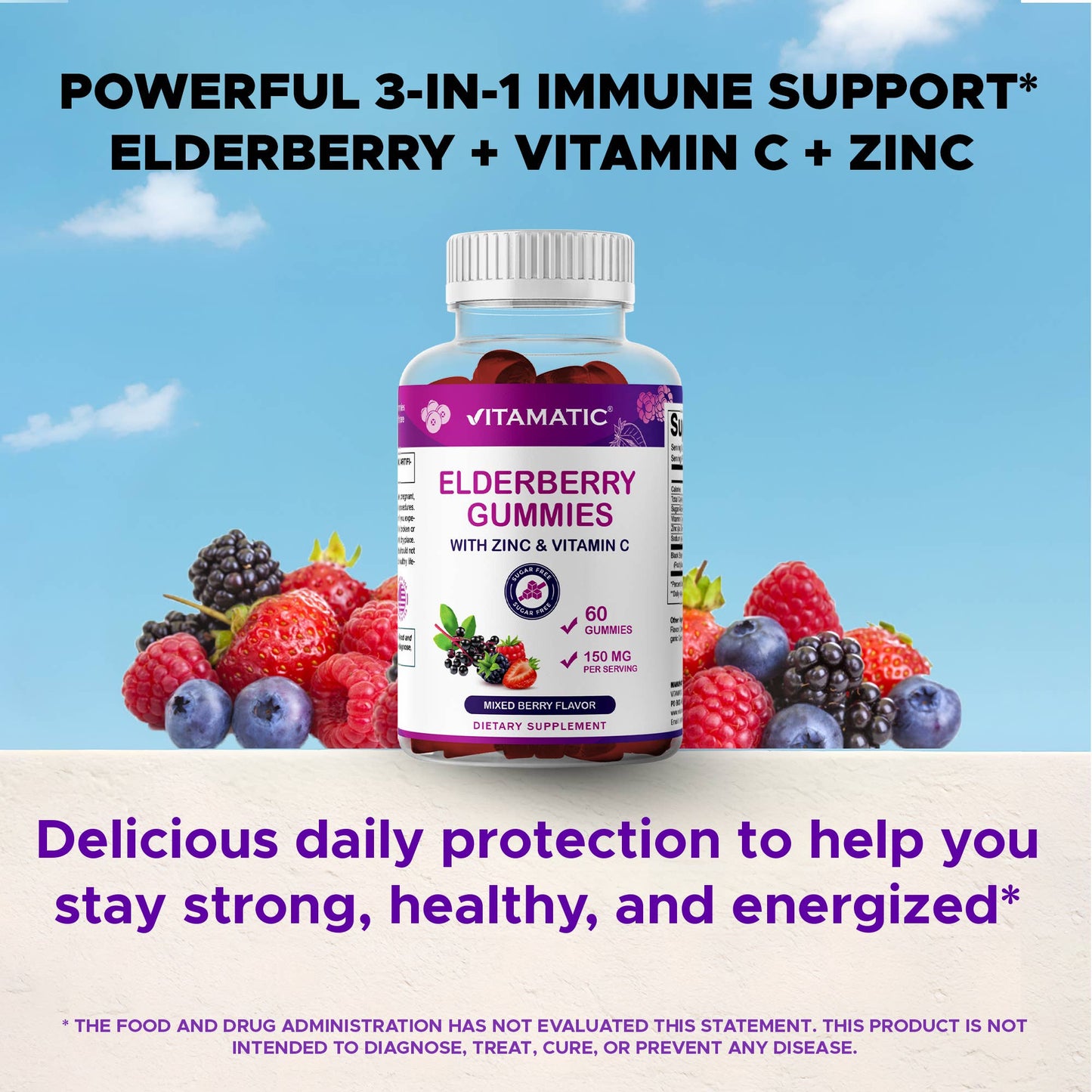 Vitamatic Elderberry Gummies with Vitamin C & Zinc –60 Gummy