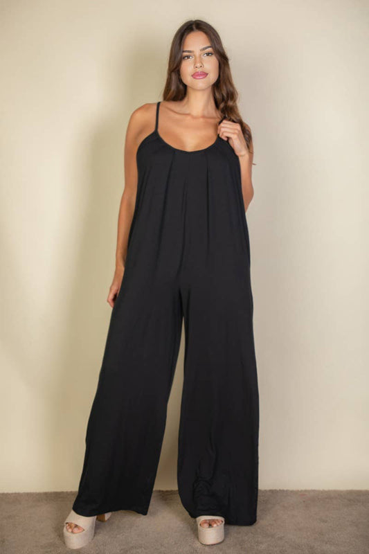 Plus Spaghetti strap solid wide jumpsuit: Black / 3X