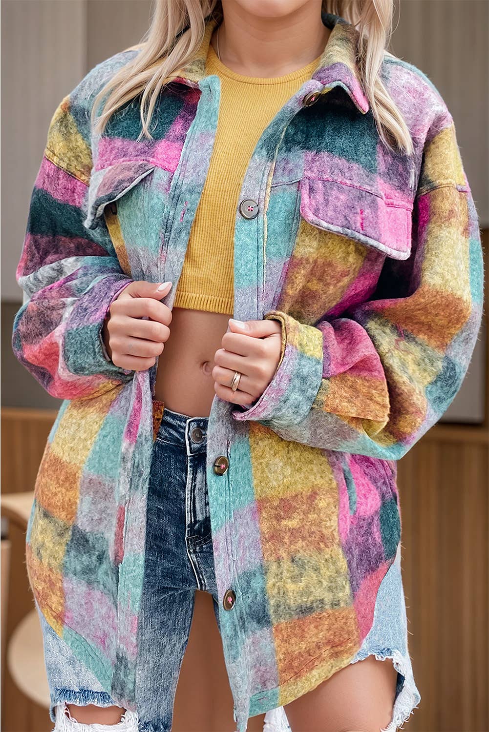 Multicolor Brushed Plaid Pocketed Oversize Shacket (S-XL): Multi-Colored / Missy