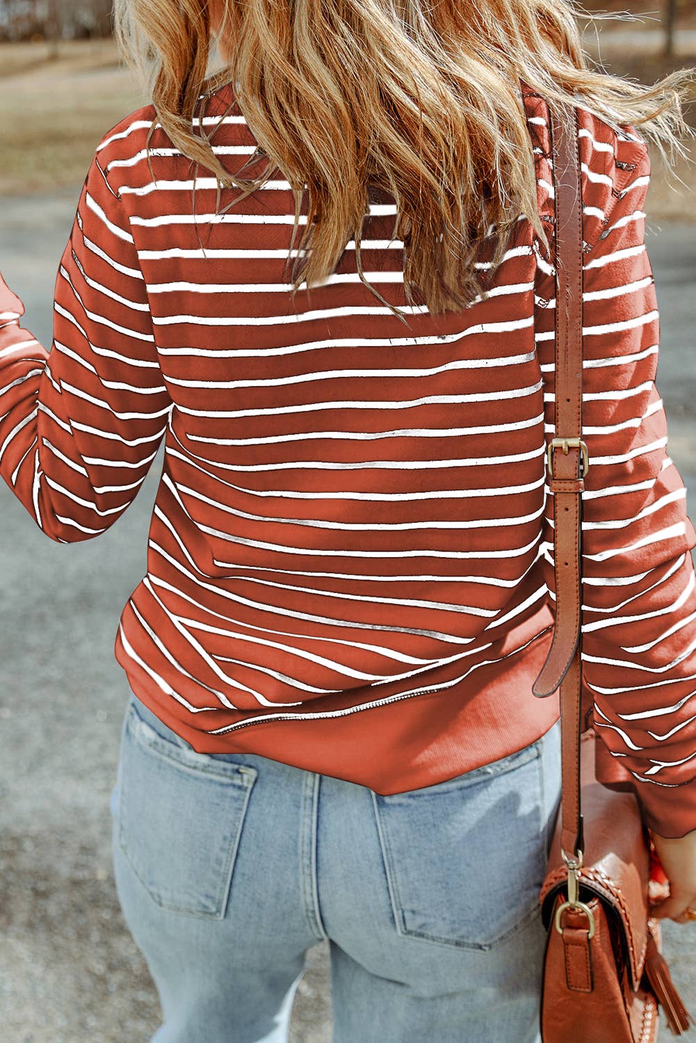 Casual Striped Print Ribbed Trim Long Sleeve Top: Fiery Red / 100%Polyester