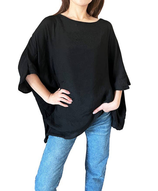 Asymmetrical Hem Boat Neck Loose Tunic: Black